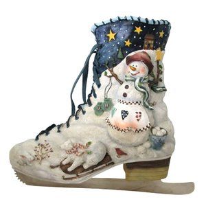 Lady Snowman Polar Bear Ice Skate 3D Resin Wall Pocket Christmas Holiday EUC